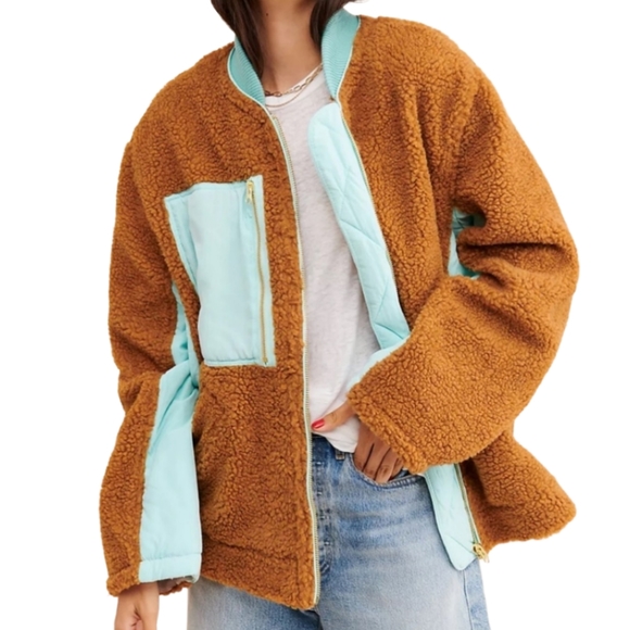 Free People We the Free Rivington Teddy Jacket Coat Sherpa Brown Oversized Large